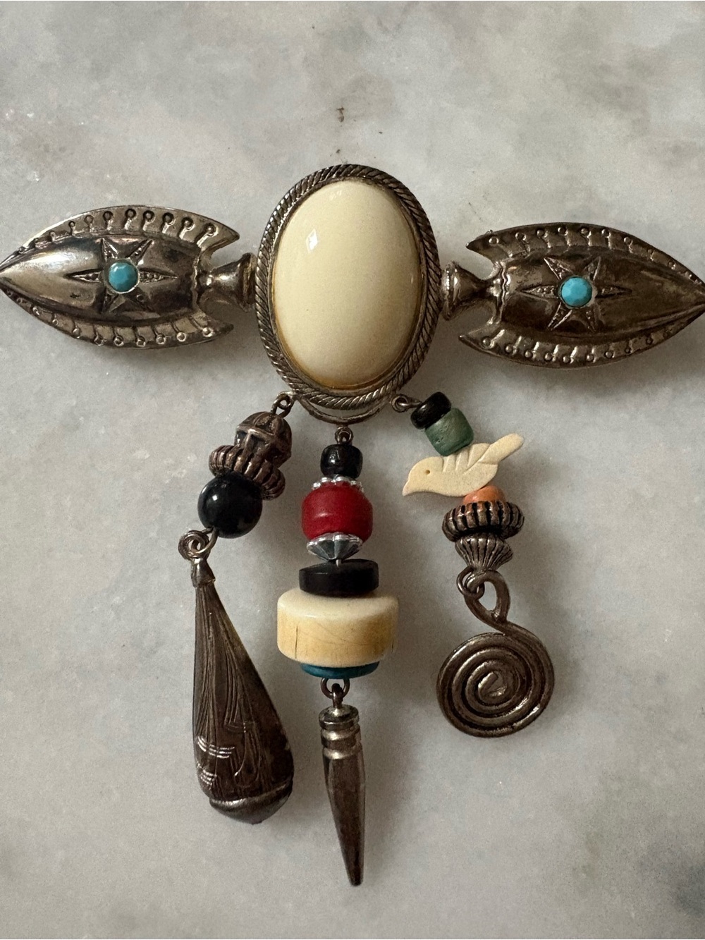 Southwestern Style Center Multicolored Bead Dangle Large Brooch